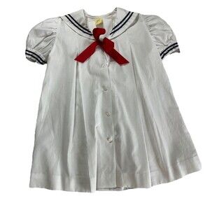 Vintage White Sailor Dress Pleated Puff Sleeves Toddler 4t Bow Collard Nautical